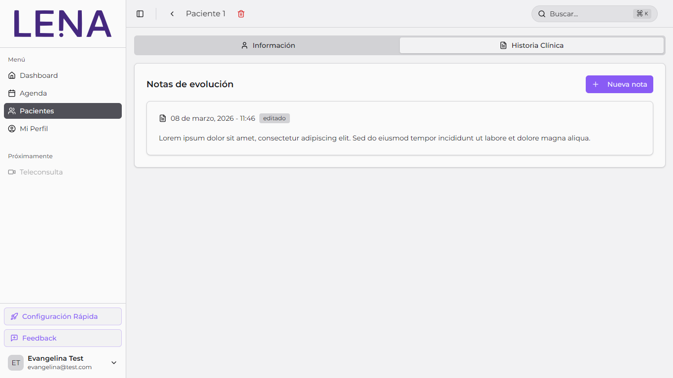 Ficha del paciente y notas de sesión en SoyLena